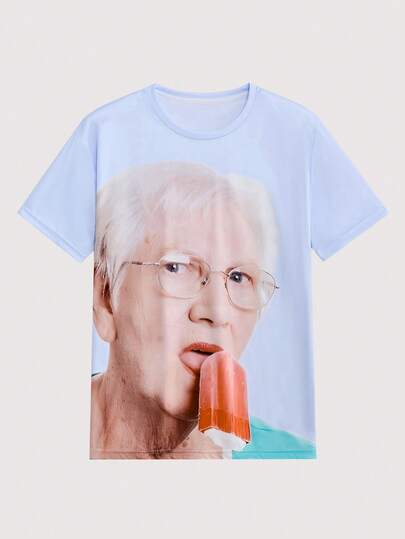 Open Phase Personality White T-Shirt, Funny Grandma Eating Ice Cream 3D Print, Eye-Catching Creative Men's Casual Fashion Short Sleeve, 100% Polyester