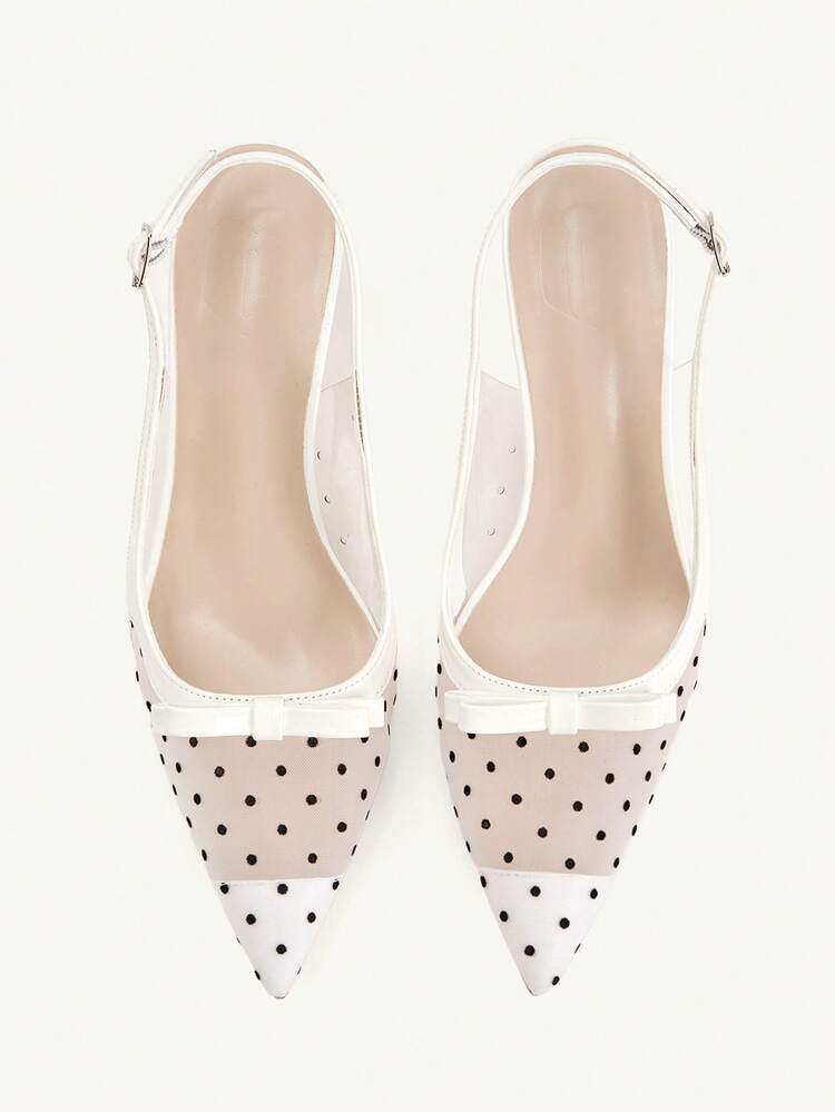 CUCCOO CHICEST Women Shoes Pointed Stiletto White Polka Dot Mesh Bow Fashionable And Elegant Daily Versatile Women's High Heel Shoes Slingback Shoes Temperament Fashionable And Sexy Party Women's Shoes