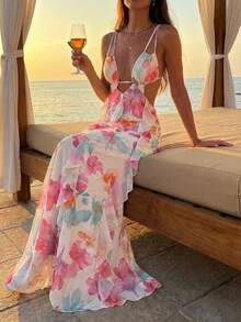 Aloruh Vestido de vacaciones con estampado floral para mujer, vestido elegante con volantes y recortes sexy - Rosa - Ver 4