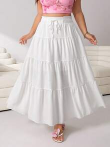 Solflare Plus Size Women's White Summer Boho Vacation Holiday Basic Skirt,Multi-Layer Design,Ruffle Drawstring Waist,Front Tie,Relaxed Fit Long Casual Skirt - White - View 3