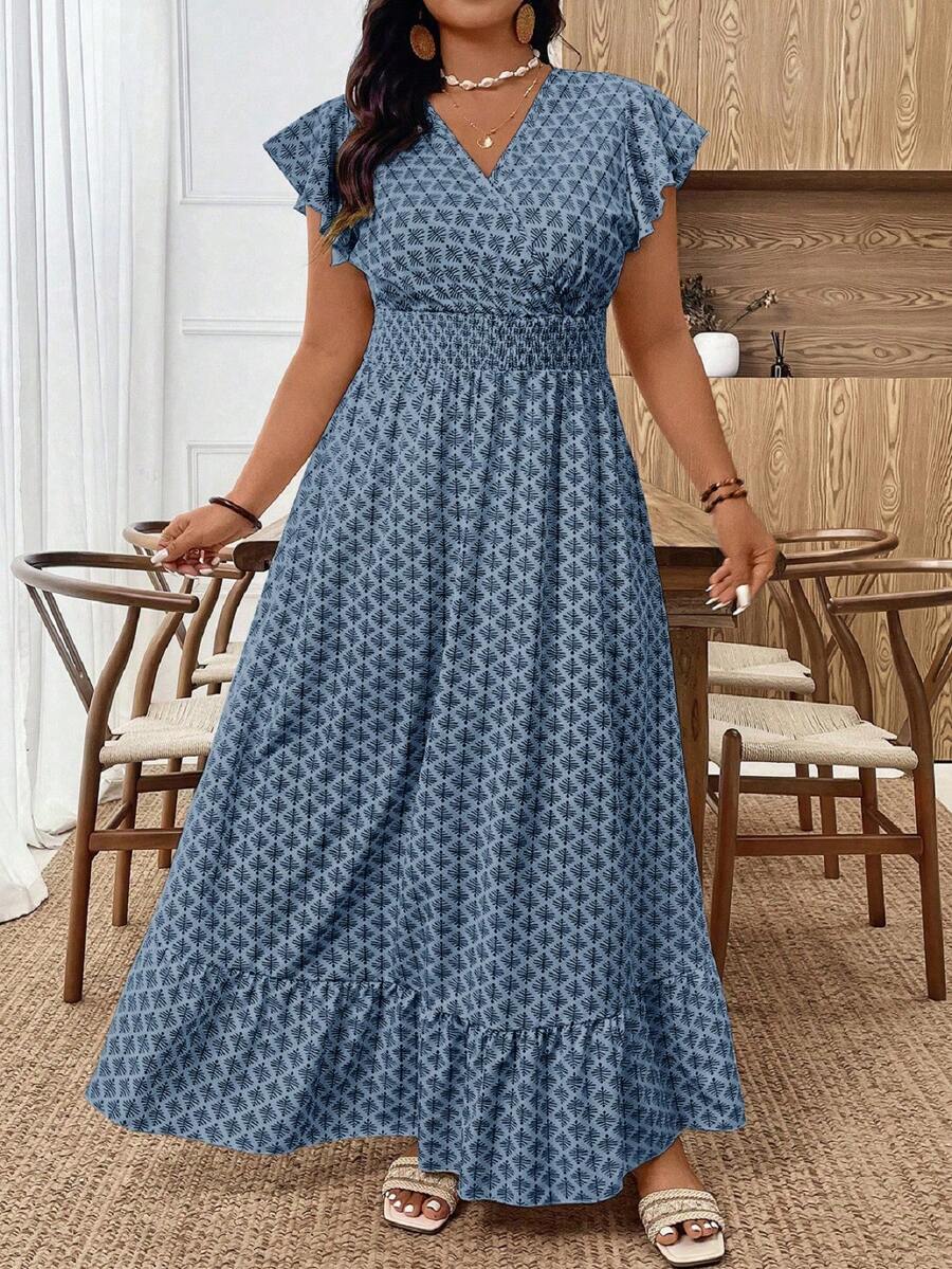 SHEIN Tall CURVE Đầm maxi tay ngắn xếp ly eo chun, kiểu dáng thanh lịch, phù hợp cho cả đi làm và đi nghỉ mát, chất liệu thoải mái, họa tiết hoa đa năng, màu trắng, cỡ lớn và cao. - Màu xanh hải quân - Xem 1