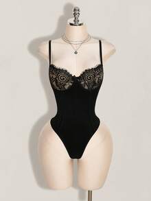 SHEIN ICON 女士蕾丝边黑色性感钢圈连体衣 - 黑色 - 查看 3