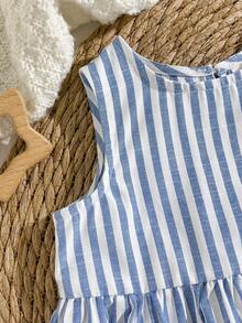 女婴蝴蝶结条纹图案无袖上衣和松紧腰裤两件套 - 藍色 - 查看 6