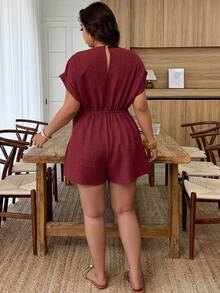 Weeklong Plus Size Women's Casual Drawstring V-Neck Jumpsuit, Suitable For Daily Wear And Vacation, Spring/Summer - Burgundy - View 2