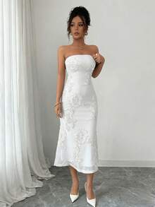 Rafferiza Vestido sin tirantes con malla y flores 3D en estilo vacacional para mujeres - Blanco - Ver 7