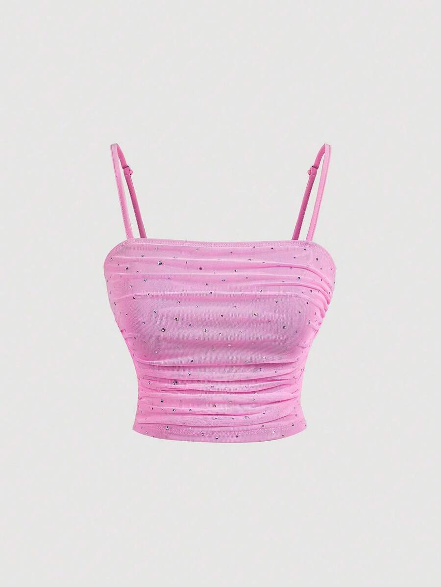 SHEIN MOD Áo bó sát màu hồng xếp ly phía trước, thanh lịch, áo thu, gợi cảm, tiệc tùng, hẹn hò, áo câu lạc bộ, áo sequin, áo hai dây sinh nhật - Hồng - Xem 1