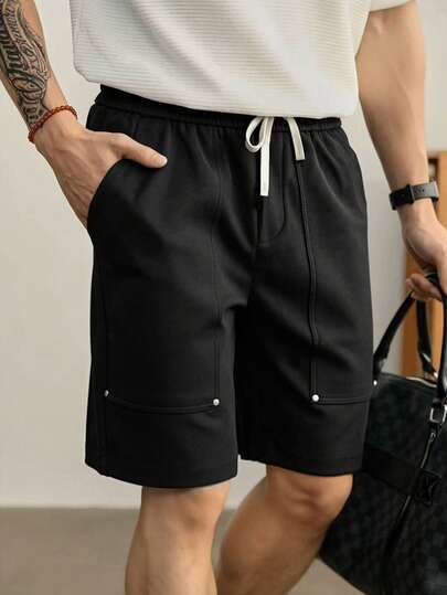 Manfinity Homme Men's Casual Elastic Waist Patch Pocket Rivet Straight Leg Shorts, Suitable For Daily Casual Wear, Weekend Outings, Travel, Hangouts With Friends, Etc. This Shorts Is An Indispensable Versatile Item In Men's Wardrobe, Making It A Great Gift For Boyfriends Or Husbands.Men Old Money,Daily Leisure, Weekend Trips, Outdoor Activities, Travel Expeditions, Relaxed Work Environments Or Semi-Formal Occasions, Boyfriend/Husband Gift, Anniversary /Birthday Gift Party Summer Vacation Holiday,Wedding,Spring To Summer,Easter,Y2k,Vintage,Festival,Mens Black Drawstring Shorts Casual Elastic Waist Relaxed Fit With Pockets,Black Shorts For Men,Shorts For Men Casual,Streetwear Men Shorts,Men's Shorts,Casual Shorts