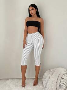 SHEIN SXY Quần legging lửng 7/8 cạp cao, họa tiết kẻ sọc, xẻ tà kim loại. - Đen và trắng - Xem 6