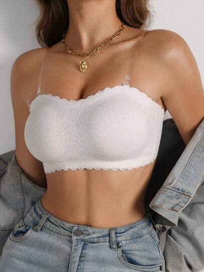Women's Lace Patchwork Floral Print Strapless Wireless Seamless Adhesive Bra With Adjustable Transparent Straps, Backless, Lift And Support