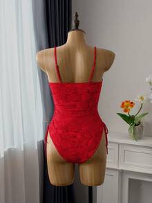SHEIN Swim Áo tắm liền thân nữ đi biển, in họa tiết toàn thân, có dây rút bên hông. - Đỏ - Xem 3