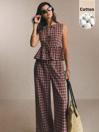 Poéselle Bộ đồ nữ phong cách vintage đi nghỉ mát, gồm áo peplum không tay thắt nơ phía trước và quần ống rộng, thích hợp cho mùa xuân/hè.