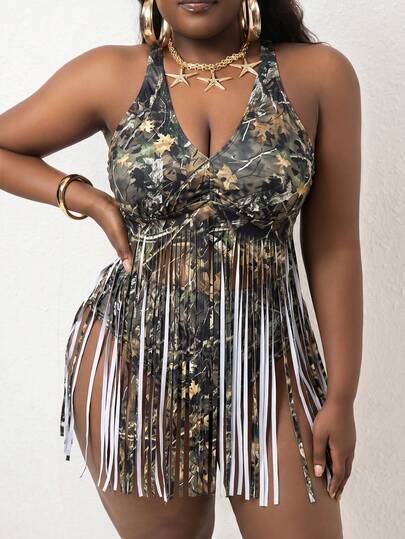 Slaydiva Bộ đồ bơi tankini cỡ lớn dành cho nữ, in họa tiết hoa và có tua rua, gồm áo tankini và quần tankini tam giác, thích hợp cho kỳ nghỉ hè.