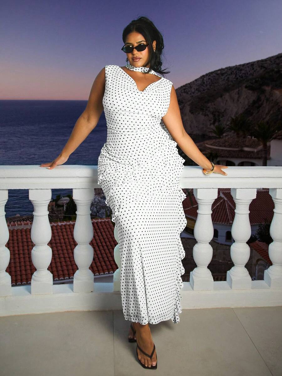 FASHION SZN Plus Size Polka Dot Maxi Dress With Matching Scarf Ruffle Elegant Chic Occasion Wedding Guest Dress Plus Size Summer Holiday Outfit Vacation Hen Do Bachelorette Long Dress Sleeveless Chiffon Races Garden Party Sun Dress Women Trending New Race Day Dress - Black and White - View 1