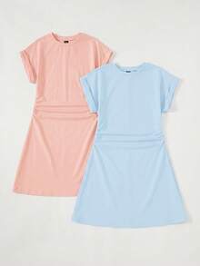 SHEIN BASICS 2件/組 女款休閒素色針織圓領短袖迷你洋裝 夏季服飾 - 彩色 - 查看 8