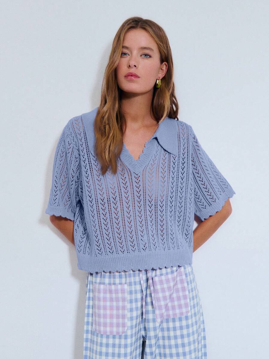 Nöista Lavender Knit Top Openwork Pattern With Short Sleeves And A Polo Collar Neck, Scalloped Edges. Spring, Summer, . - Blue - View 1