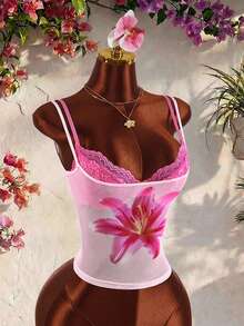 Amplova Áo corset ren hoa mùa xuân hè, áo hai dây không tay bằng vải lưới in họa tiết, thích hợp cho kỳ nghỉ, đi biển, tiệc tùng thường ngày. - Hồng - Xem 4