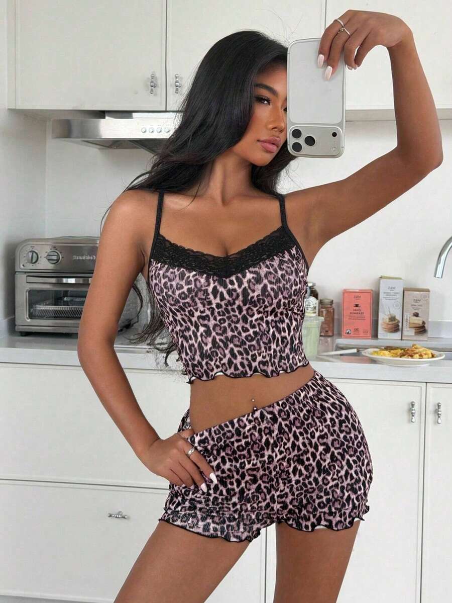 ZzzCrew Leopard Print Lace Patchwork Women Camisole & Shorts Pajama Set - Multicolor - View 1