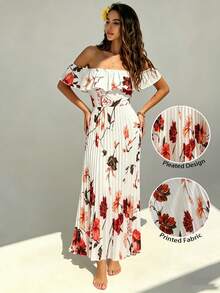 Modelyn Vestido elegante y romántico con estampado floral, hombros descubiertos, volantes y pliegues, corte evasé, estilo vacacional para mujer - Multicolor - Ver 6