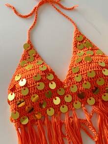 SHEIN Comfortcana Sexy Beaded Tassel Halter Top - Orange - View 8
