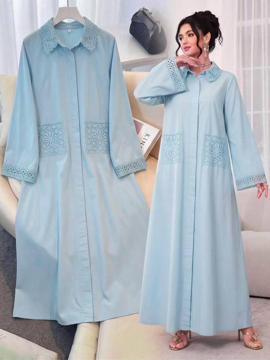SHEIN Najma 女士长袖衬衫，花卉领，蕾丝边口袋，喇叭下摆，阿拉伯长袍风格 - 藍色 - 查看 1