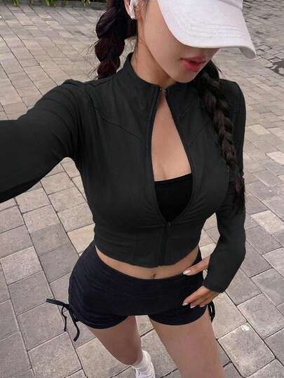 DAZY Veste à col montant élastique ajustée à manches longues de couleur unie pour femmes, sport décontracté, printemps/automne
