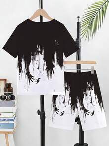 2pcs/Set Boys' Casual Gradient Letter Print Short Sleeve T-Shirt And Shorts Set, Comfortable Daily Wear For Spring, Summer & Autumn - Multicolor - View 2
