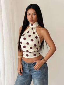 SHEIN PETITE Áo hai dây hở lưng cổ yếm in chấm bi thời trang dành cho nữ, thích hợp cho các buổi đi chơi, phong cách đường phố, thời trang Y2K, áo chấm bi. - Màu vàng - Xem 7