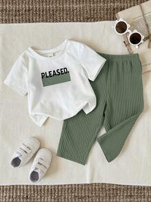 SHEIN 2pcs Baby Boys/Girls Cute Casual Waffle Fabric Short Sleeve Pants Pajama Set, Suitable For Home, Daily Wear And Outings, Spring/Summer - Multicolor - View 6