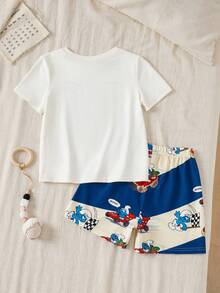 SHEIN X The Smurfs Young Boy Crew Neck Cartoon Letter Print Short Sleeve Top And Shorts Casual Loungewear Set - Multicolor - View 2