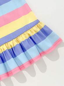 Cozy Pixies Baby Girl Casual Home Combo Sweet Cute Rainbow Striped Button Open Collar Sleeveless Patchwork Ruffle Hem A-Line Dress T-Shirt Dress Polo Dress - Multicolor - View 5