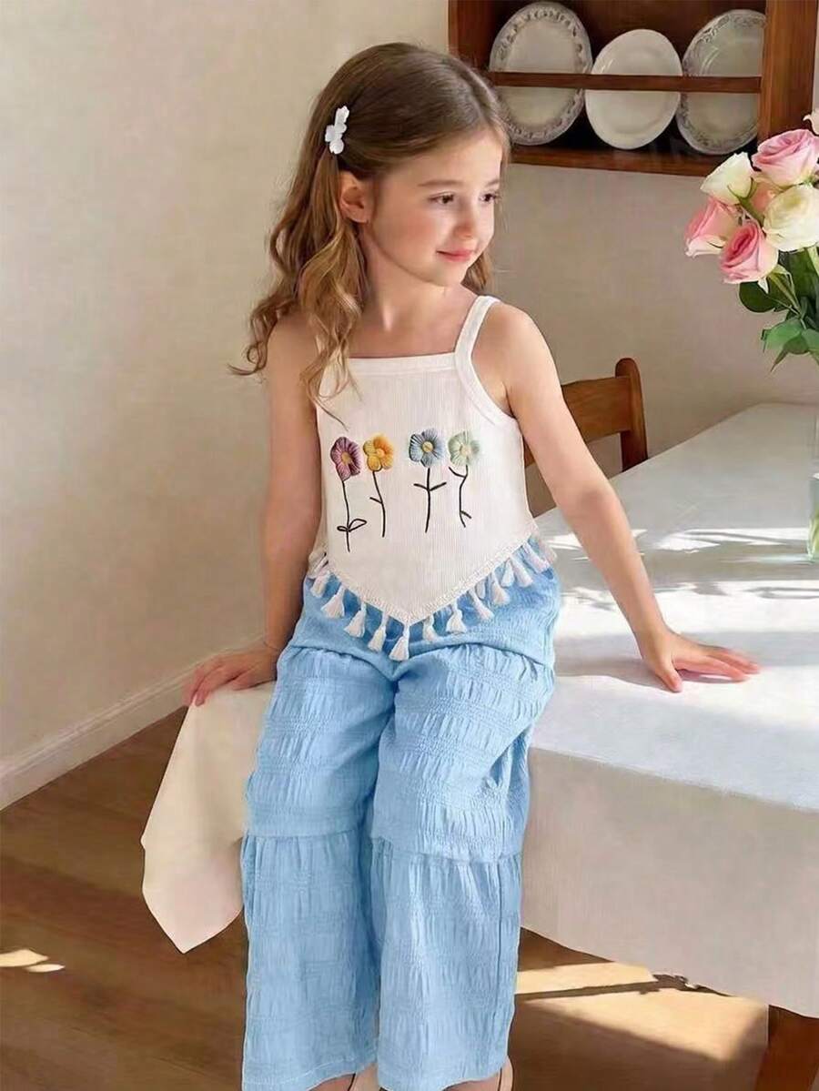 SHEIN 2件套女童夏季创意3D刺绣装饰吊带背心（不对称下摆）和休闲裤套装 - 藍色 - 查看 1
