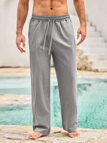 Mercer Haus Calças de linho masculinas, leves e respiráveis, com cordão na cintura, ideais para férias, deslocamentos casuais de verão e um estilo urbano despojado. - Cinza - Ver 4