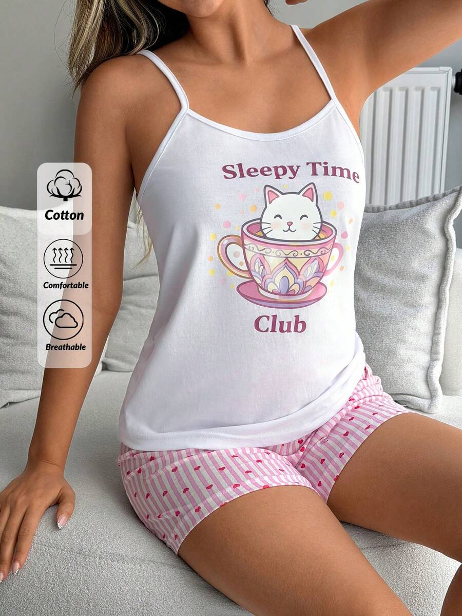SHEIN Cute Sleepy Bunny Printed Short Shorts And Spaghetti Strap Top Casual Colorful Pajama Set - Berwarna merah muda - View 1