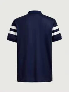 男士條紋拼色針織 Polo 衫，短袖前開鈕扣字母刺繡，學院風高爾夫網球休閒通勤上衣 - 彩色 - 查看 4