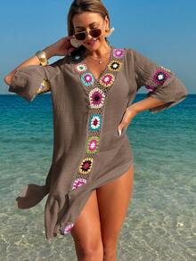 Swim Lushoire Women's V-Neck 3/4 Sleeve Crochet Floral Random Color Loose Side Slit Beach Cover Up Dress - Coffee Brown - View 4