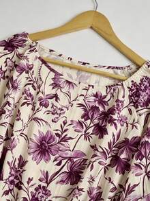 SHEIN LUNE CURVE 大码女式休闲兰花印花短袖蝴蝶结衬衫 - 彩色 - 查看 3