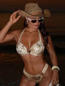 Swim SXY 2026 Spring/Summer New Apricot Metallic Textured Shiny Fabric Tie-Up Decorated Bikini Set, 2pcs, Slimming, Elegant, Sexy, Casual Beach/Pool Party/Music Festival/Date Outfit - Apricot - View 5
