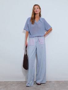 Nöista Lavender Knit Top Openwork Pattern With Short Sleeves And A Polo Collar Neck, Scalloped Edges. Spring, Summer, . - Blue - View 3