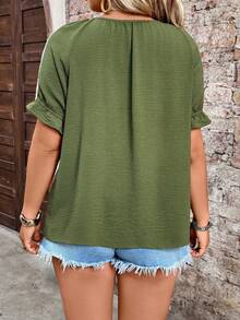Breezaya Plus Size Women's Lace Trim Bow Tie Blouse, Fashionable Minimalist Boho Casual Elegant For Work Vacation And Daily Wear Olive Green Summer - Green - View 2