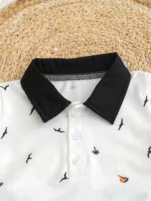 SHEIN Sommer Lässig 2 Stücke Set für Kleinkinder Jungen, mit Palmenbaum- und Bootsprint Poloshirt mit Kragen und Gummizug-Shorts, modisch und bequem, geeignet für Jungen von 6 Monaten bis 3 Jahren, perfekt für den täglichen Gebrauch, Outdoor-Aktivitäten und Schulanfang - Schwarz - Übersicht 3