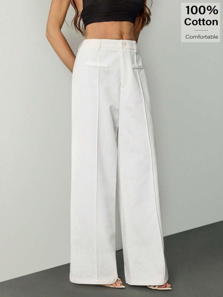 SHEIN Tall Hoch taillierte weite Sommerhose aus 100% Baumwolle, weiß, lässig, für große Frauen - Weiss - Übersicht 1