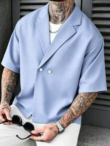 SLATEMANN 男士純色雙排扣寬鬆休閒短袖襯衫，正式款 - 淺藍色 - 查看 4