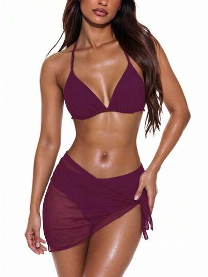 Swim Vcay Conjunto de 3 piezas para mujer: Top corto de unicolor con escote halter y nudo detrás, braguita de bikini triangular y falda envolvente traslúcida