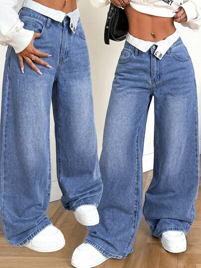 SHEIN Tall Women's Jeans Low Waist Loose Straight Pants Double Waist Straight Trousers Stitching Straight Pants