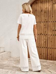 EMERY ROSE Women's Lace Patchwork Cotton Camisole And Pants 2 Pieces Set, Spring/Summer,Summer Outfits For Women - White - View 2