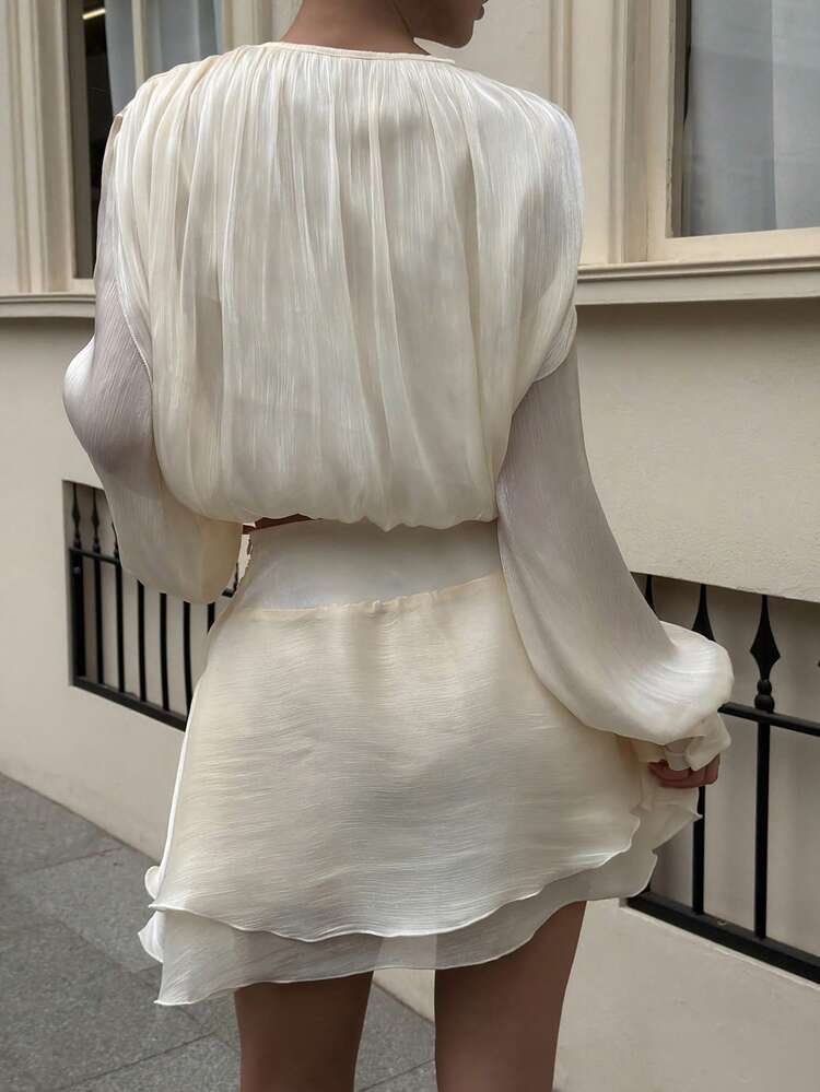 Women's Solid Color Pleated Top And Skirt Casual 2-Piece Set