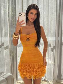 SHEIN ICON Women's Contrast Color Hollow Out Casual Camisole Knit Dress - Beige - View 2