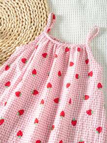 SHEIN Elladie kids 女童柠檬格子数码印花拼接荷叶边吊带连衣裙，适合夏季日常穿着、外出、旅行、度假和聚会。 - 粉色 - 查看 4