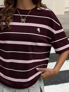 SHEIN Teen Girl Striped Print Round Neck Cute Retro Contrast Color Sports Rider Horse Casual Korean Style Short Sleeve T-Shirt - White - View 3