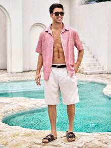 Mercer Haus Men's Lightweight Retro Coin Print Casual  Shirt, For Summer Vacation Beach Wear - Pink - View 3